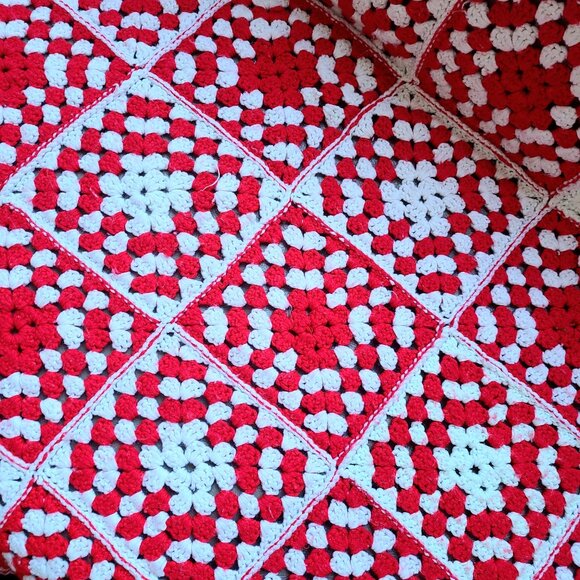 Hand Made Crochet Granny Square Throw Afghan Blanket with Red and White Colors. - Picture 2 of 6
